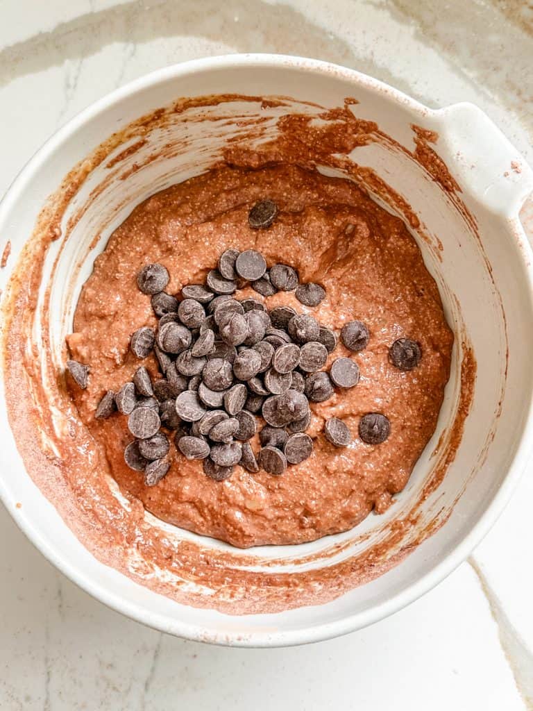 chocolate chips added to the bowl