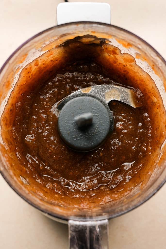 overhead view of date paste in food processor