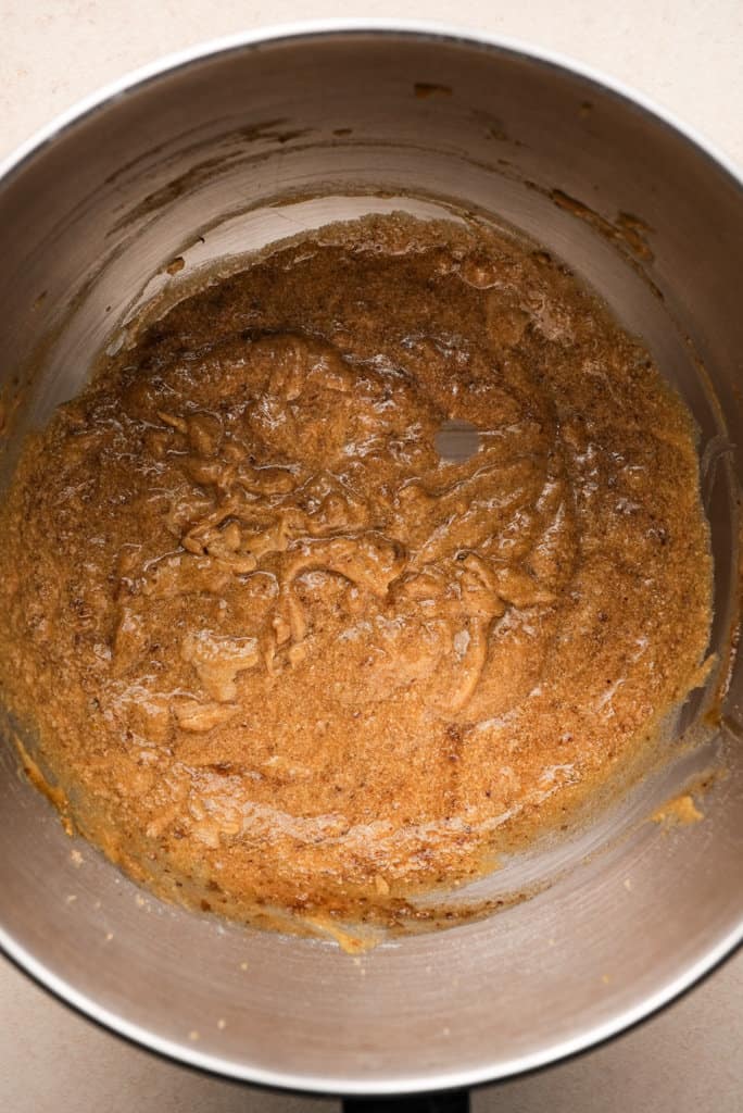 beaten sticky toffee pudding batter in a mixing bowl