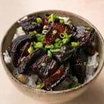 a bowl of braised pork belly over white rice, garnished with scallions