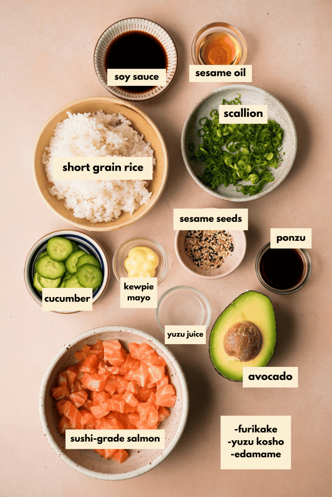 labeled ingredients for salmon poke bowl